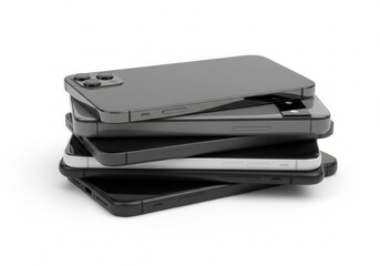 A stack of sleek, modern smartphones, including different models, piled cleanly on a white background with soft shadows.