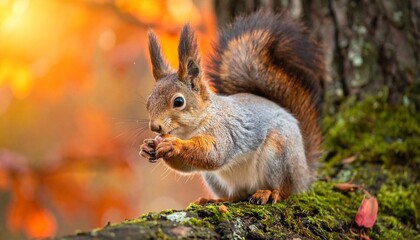 Here's an original and vivid prompt for a squirrel image:

---

**Prompt:**
*A curious squirrel perched on a mossy tree branch in an autumn forest, its bushy tail curled up behind it. The squirrel hol