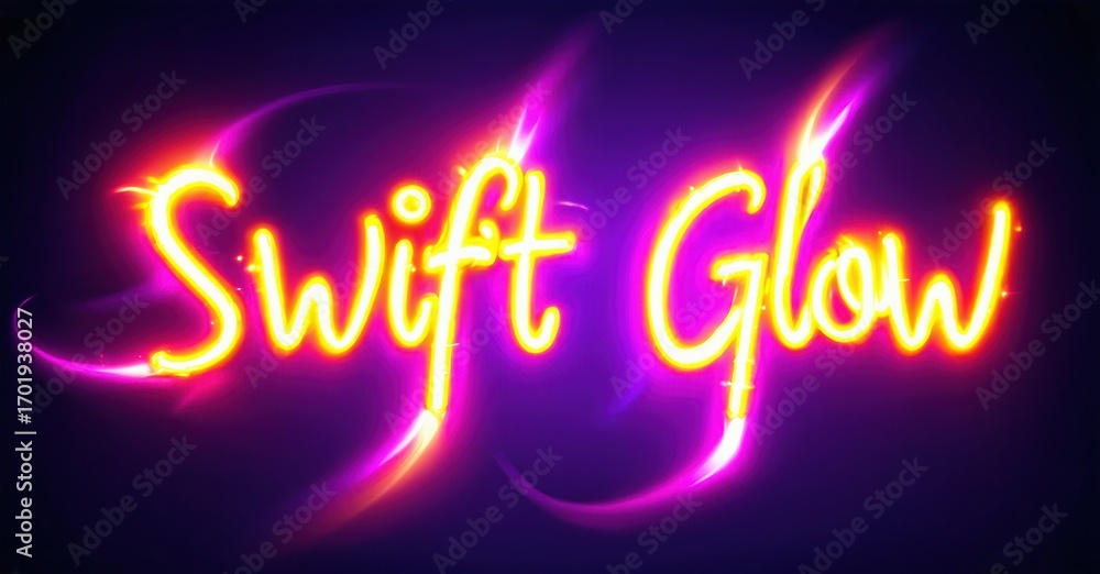 Poster bright text reads swift glow against dark purple background. vivid neon effects create dynamic visua