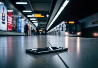 A dark subway platform with a phone lying on the ground, a train arrives in the background, out of focus. The scene is dim.