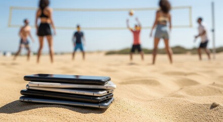 A stack of smartphones rests on a sandy beach in the foreground, with people playing a game of beach volleyball in the blurred background.