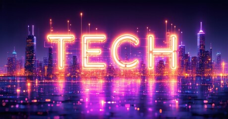 Neon cityscape backdrop features illuminated TECH text. Vibrant purple, orange hues dominate scene. Reflections shimmer water. Futuristic aesthetic.