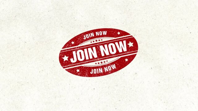 Join Now Text Wooden Stamp Animation with Red Ink on White Paper Background