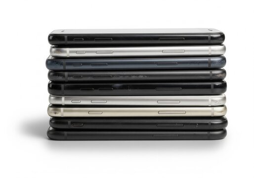 A neat stack of several smartphones, displaying various colors and some signs of wear, is presented against a white background.