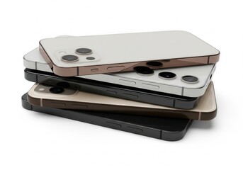 A stack of four smartphones in different colors on a plain white background. The phones are stacked unevenly, with their camera lenses visible.