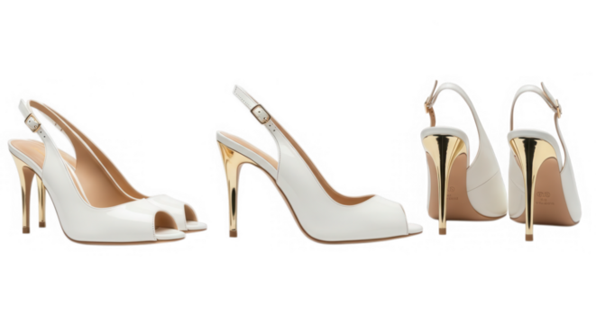 Elegant white peep toe slingback heels isolated on transparent background