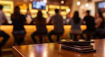 A stack of smartphones rests on a bar table, with people sitting at the bar in the blurry background.