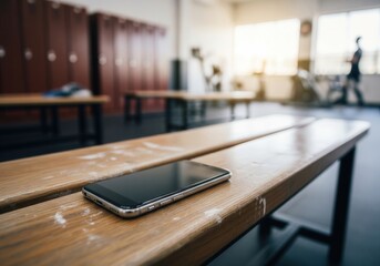A forgotten smartphone rests on a wooden bench in a locker room, with a row of lockers and gym equipment visible in the background.