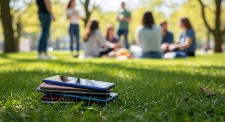 A stack of smartphones lies on green grass in the foreground while a group of friends have a picnic in a park in the blurred background.