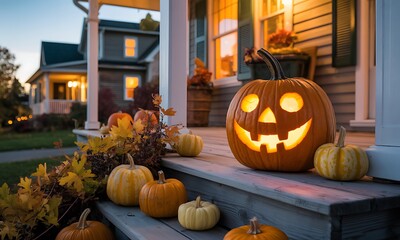 Obraz premium Glowing jack-o-lantern on wooden porch steps during autumn evening