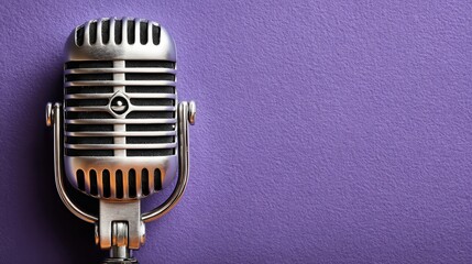 Close up of a vintage silver microphone on a purple background. Plenty of copy space.