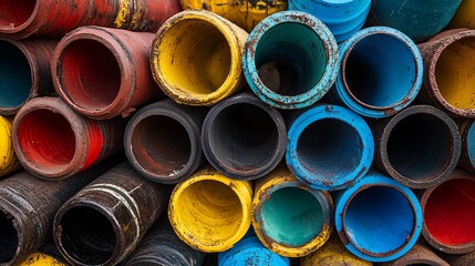 Stacked colorful pipes, close-up view