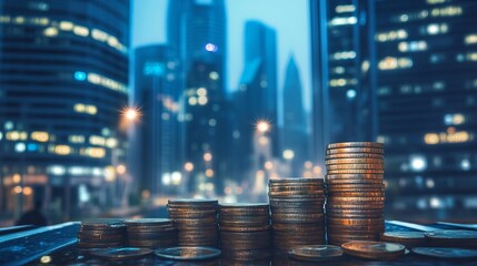 Stacks of coins rise against a backdrop of city lights