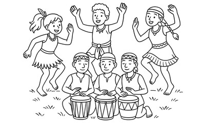 Joyful drum circle dance with children in cultural attire for celebration and artistic inspiration