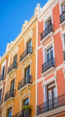 Colorful, ornate apartment buildings under a bright sky