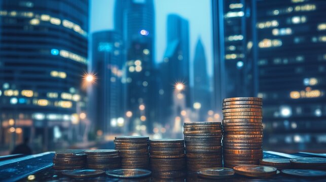 Stacks of coins rise against a backdrop of city lights