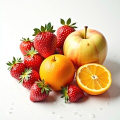 Fresh Strawberries and Whole Apple with Citrus Fruits