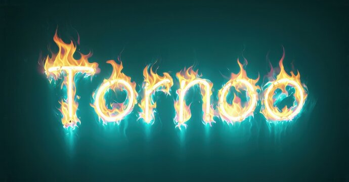 Fiery text spells Tornoo. Bright flames surround glowing turquoise lettering. Dark background provides contrast. Dramatic visual effect.