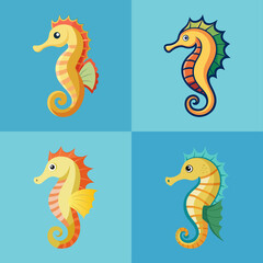 Fototapeta premium Four Cheerful Cartoon Seahorses: Bright, Colorful, Childlike Illustrations, Perfect for Children's Products