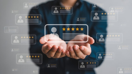 Service Review and Feedback: The image showcases a person delicately holding a virtual display representing a service review, surrounded by a constellation of customer feedback icons.