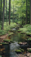 Tranquil forest stream meanders through lush greenery