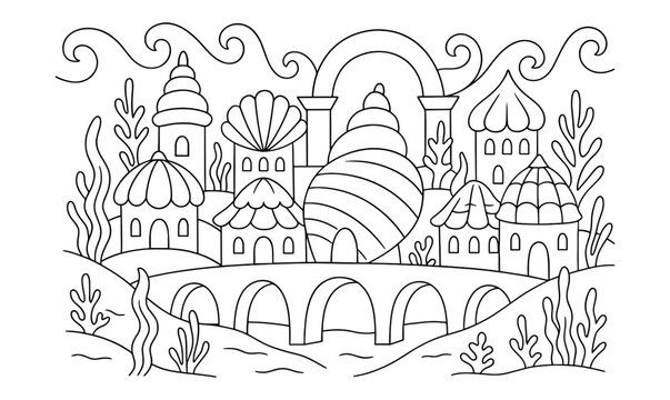 Merfolk city adventure theme with underwater architecture and seashell buildings