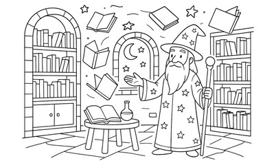Enchanting wizard's library illustration with magical floating books and spellbinding interior design