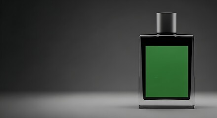 Elegant perfume bottle with green label on a gradient grey background