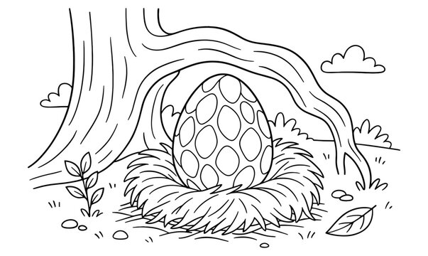 Dragon egg nest with leafy surroundings under tree illustration for children's coloring book