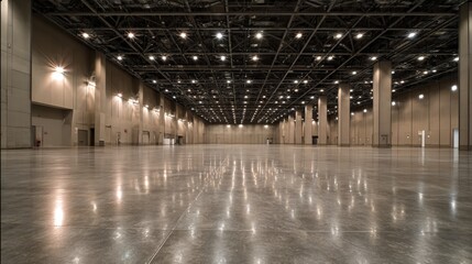 Large Empty Convention Center Hall with Polished Floor and Bright Lighting Ready for Events