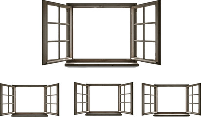 The image shows four wooden window frames, each with two open side panels and a central opening. The windows are identical in style but vary in size