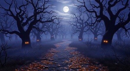 An eerie path leads through a dark forest illuminated by a full moon on a spooky night