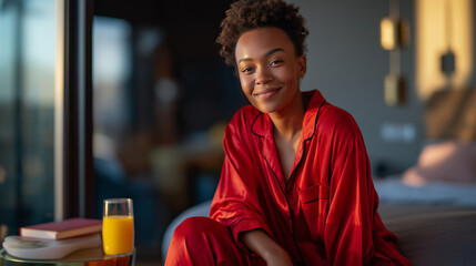 Fototapeta premium A vibrant young Black woman in bold red pajamas sits upright on her bed her confident smile meeting the camera morning sunlight glinting off a stack of books on her nightstand