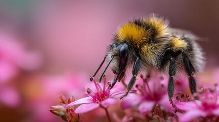 Bumblebee pollinating pink flowers closeup