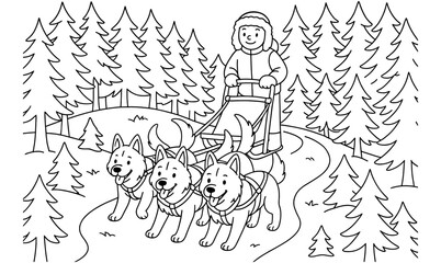 Exciting dog sled adventure in winter forest for coloring book design