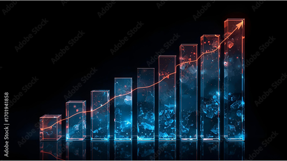 Poster growth chart and business : a 3d render of a bar graph shows a upward trend line which symbolizes bu