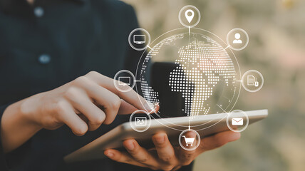 Global Connection: A person interacts with a digital tablet, with the earth as a symbol of international connection, surrounded by a network of icons representing global communication.