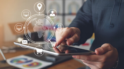 Digital Connectivity: A close-up of hands navigating a tablet with holographic icons, embodying the future of communication. This stock photo illustrates the power of technology.