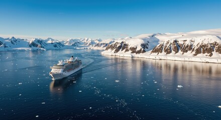 Majestic Cruise Ship Navigating Glacial Waters Surrounded by Snow-Capped Mountains and Icebergs