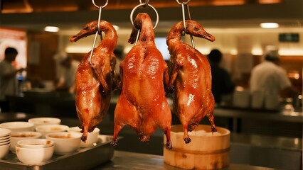 Delicious Roast Duck Hanging in Restaurant Kitchen, Ideal for Gourmet Dining and Chinese Cuisine Lovers
​