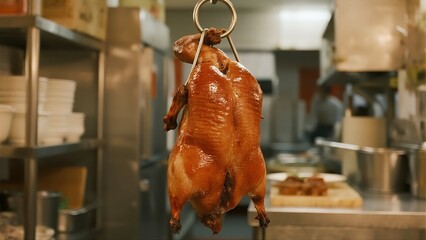 Juicy Roast Duck Hanging in Professional Kitchen, Perfect for Chinese Food Enthusiasts and Gourmet Meals