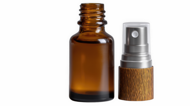 Amber bottle with pump and detached spray cap