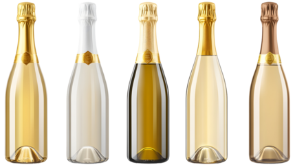 A collection of five elegant sparkling wine bottles in various shades, showcasing their unique designs