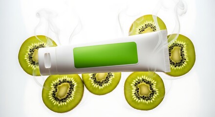 Kiwi-infused toothpaste tube with slices and wisps of vapor on white background.