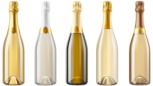 A collection of five elegant sparkling wine bottles in various shades, showcasing their unique designs