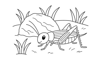 Cricket enjoying playtime in natural habitat - fun illustration for children’s coloring book or educational materials
