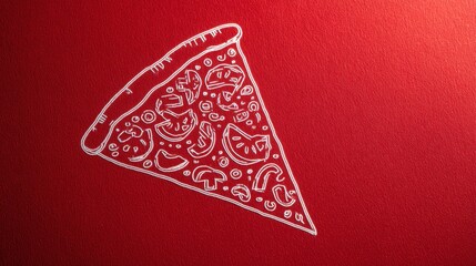 A simple line drawing of a pizza slice on a textured red background.