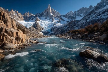 Majestic snow-capped mountain vista with a vibrant turquoise glacial river flowing through rocky terrain