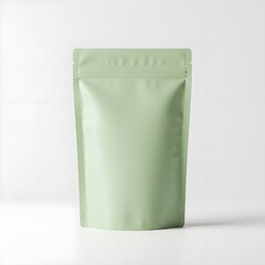 Eco-friendly blank pouch in pastel green on white background. Recyclable kraft packaging mockup, minimalist and modern, ideal for branding, product design, and sustainable poster artwork