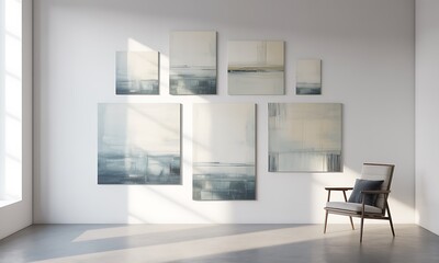 Fototapeta premium Minimalist room with abstract wall art and mid-century modern armchair